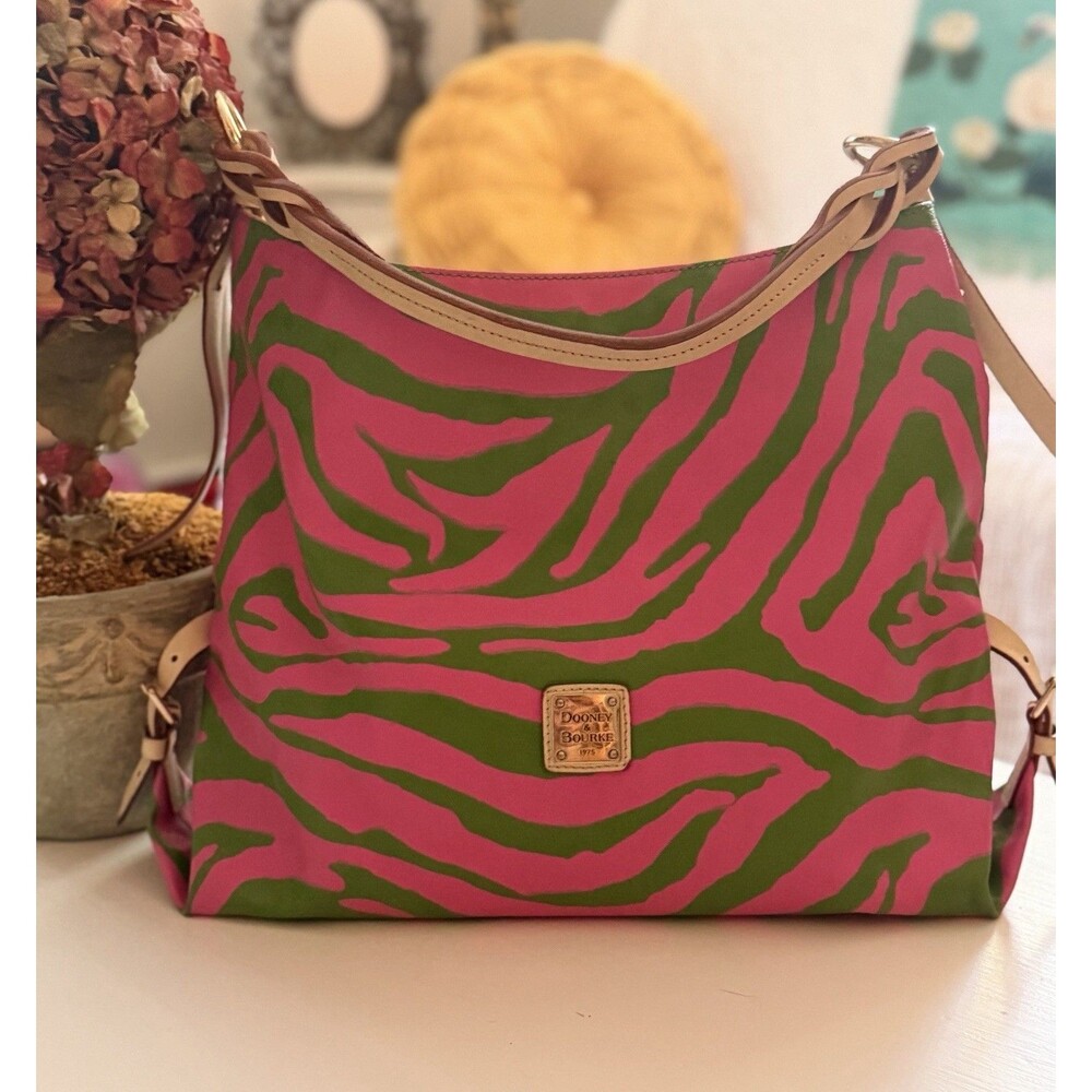 Dooney & Bourke Pink Green Zebra Print Shoulder Bag Hobo Purse Leather Trim